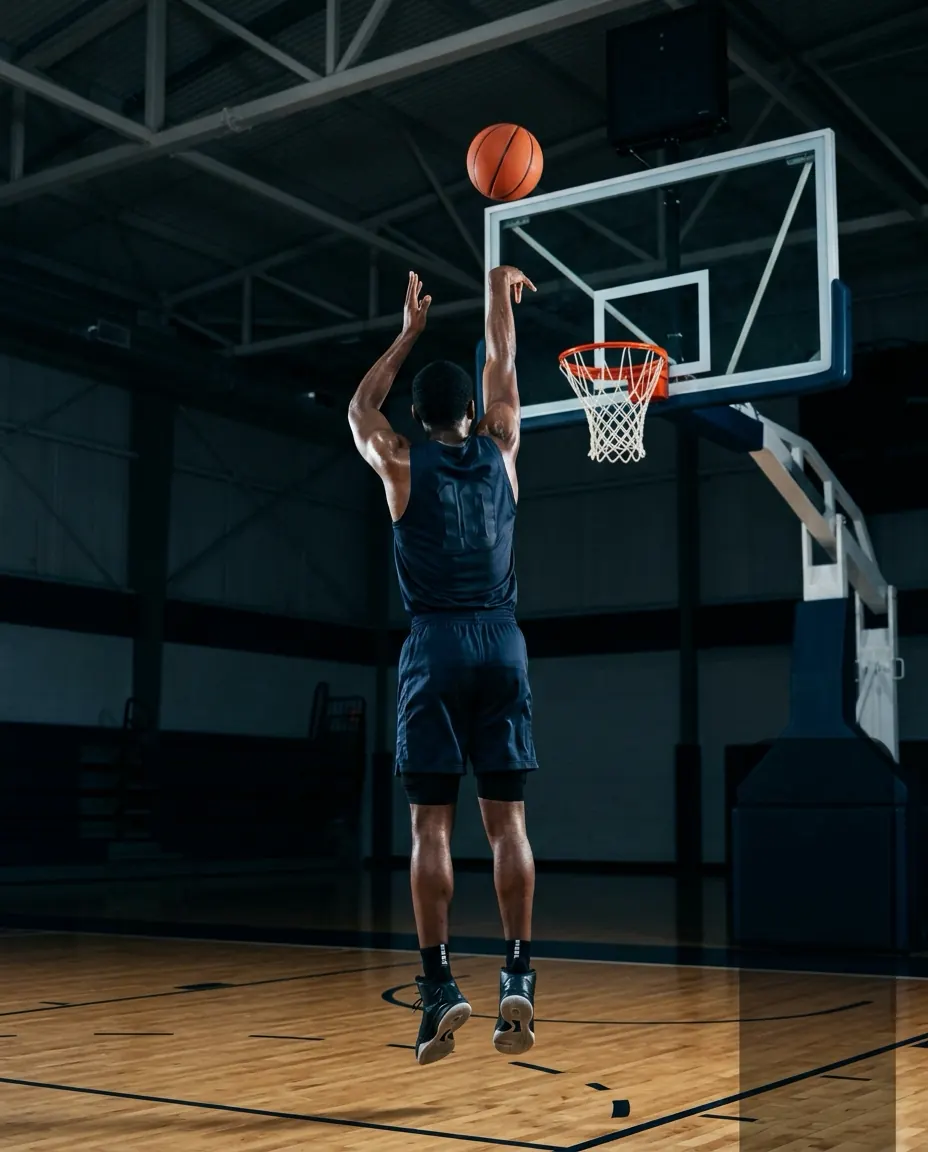 Left-handed basketball player seen from behind, holding a left-wrist follow-through toward the hoop