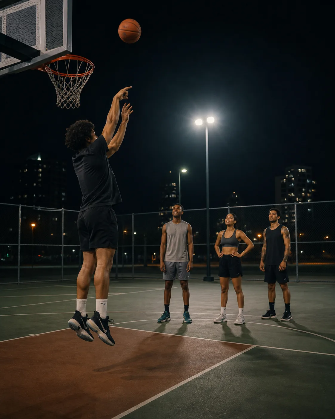 Friends watching a basketball player take a jump shot on a city court at night