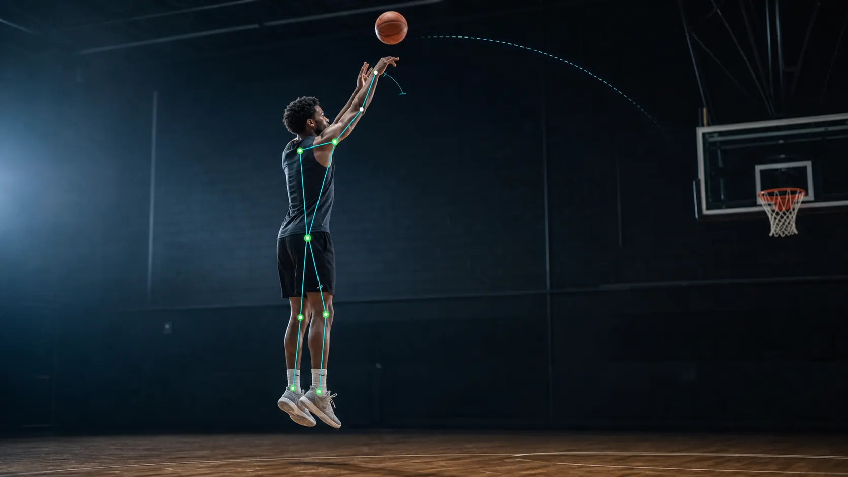 Basketball athlete at peak jump-shot release with an aligned pose-analysis skeleton and ball trajectory