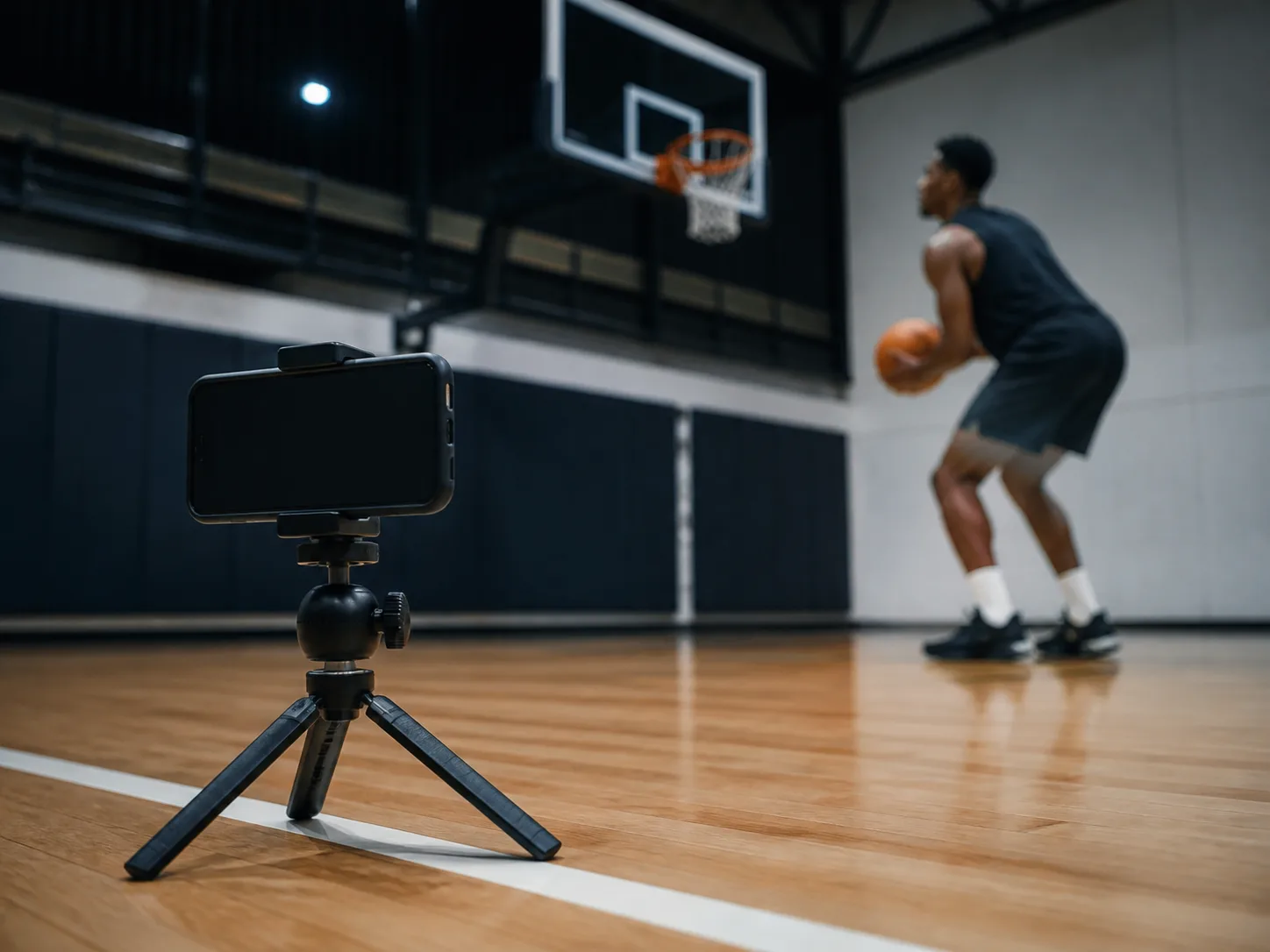 Smartphone on a mini tripod recording an athlete at the basketball baseline
