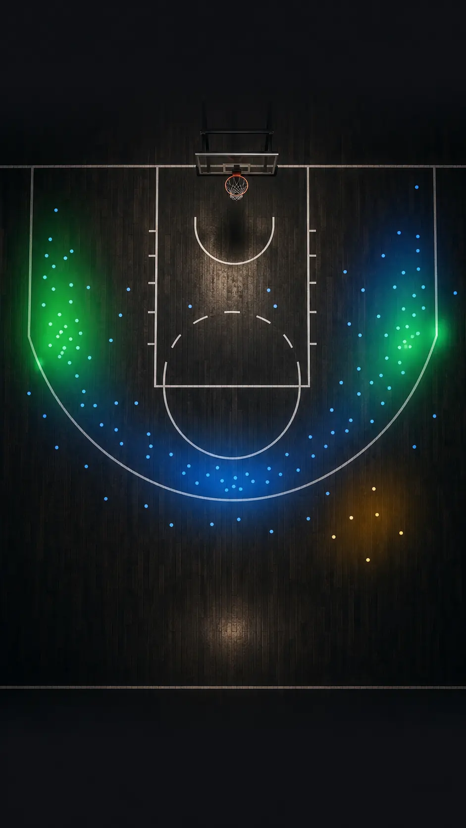 Overhead basketball half court with blue, green and amber shooting heat zones