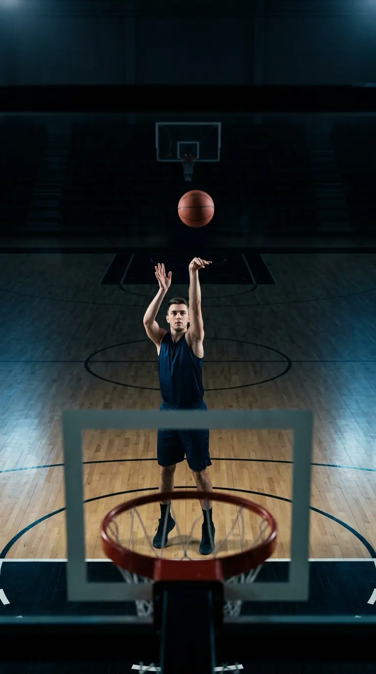 View from behind a transparent backboard showing a left-handed player with aligned joint tracking