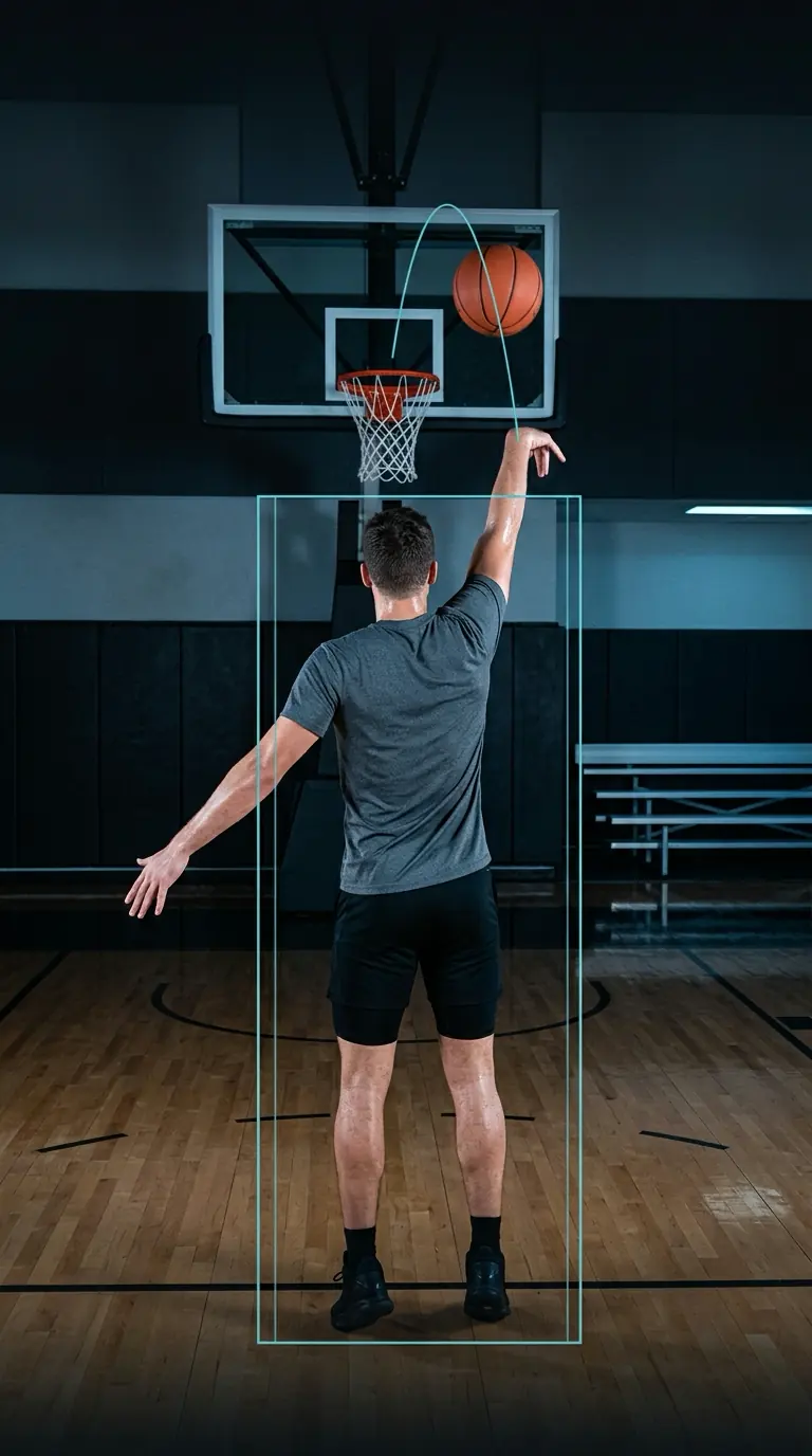 Rear phone-camera view tracking a left-handed basketball player, ball and hoop